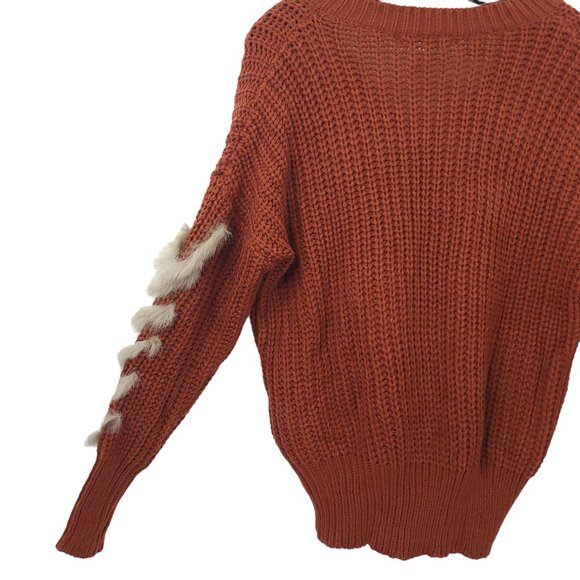 Solution Cable Knit V Neck Sweater One Size Long Sleeve Brown Faux Fur Trim - Picture 15 of 16
